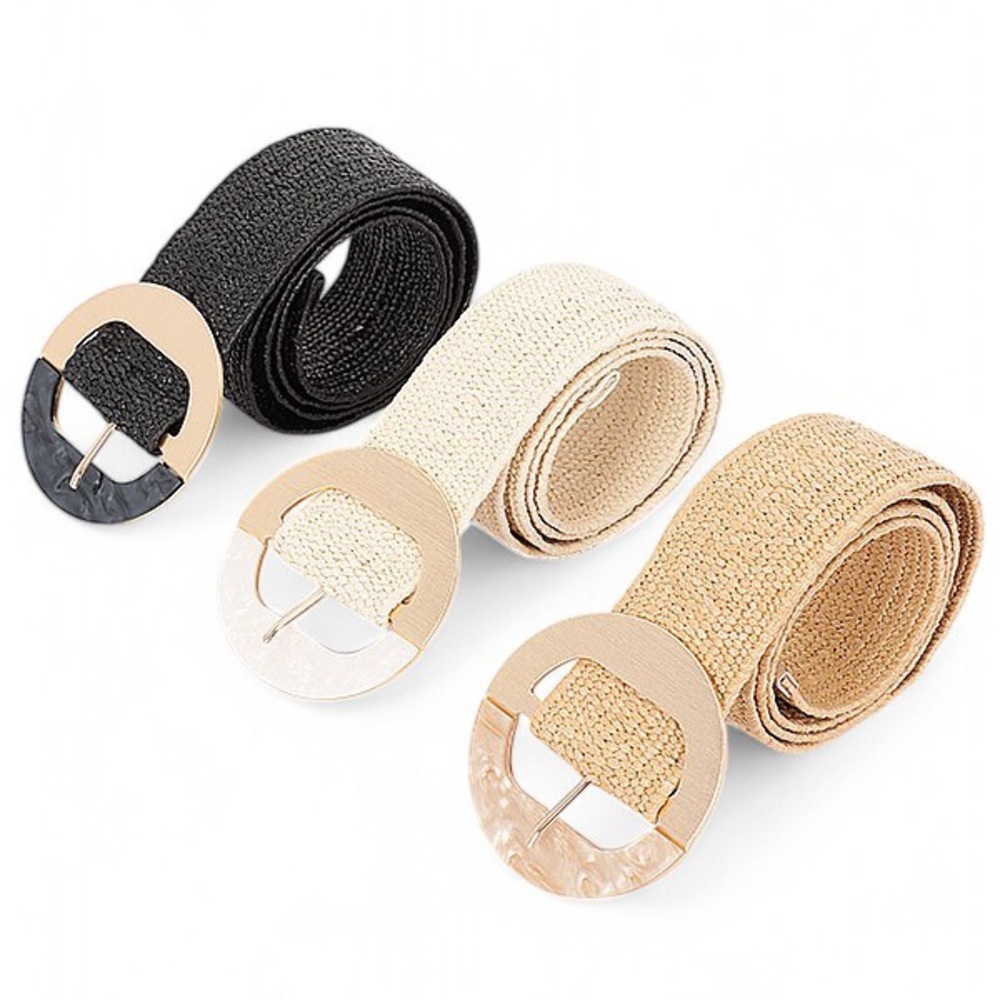 Black Raffia Straw Elastic Statement Belts